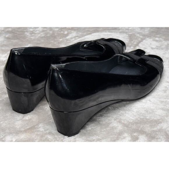 Stuart Weitzman Black Patent Leather Wedge Open Toe Heels Womens Size 9 - Picture 14 of 16